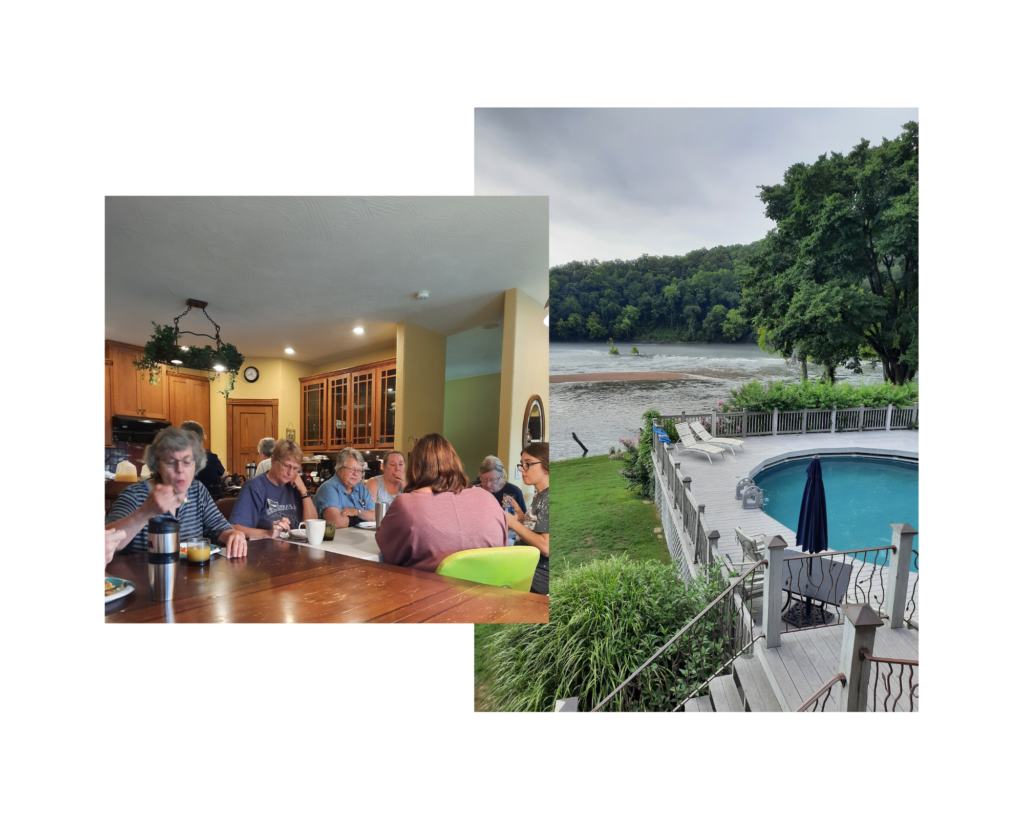 View of the pool at the lodge and picture of women gathering for a meal
