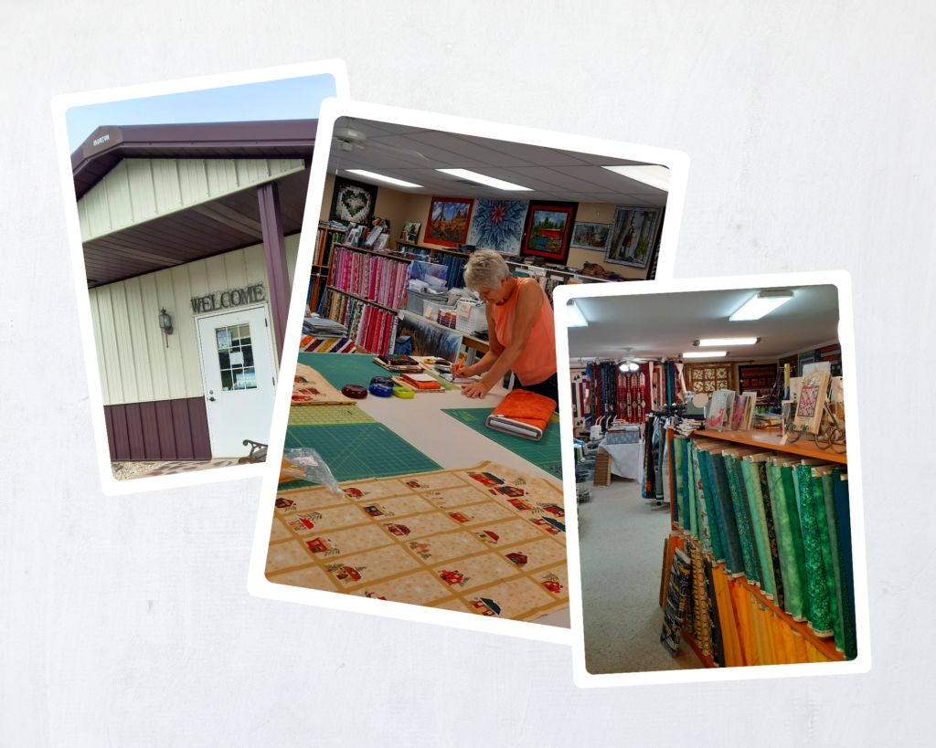 Top Stitch personnel cutting our fabric and also pictures of bolts of fabrics and some quilts hung on the walls.